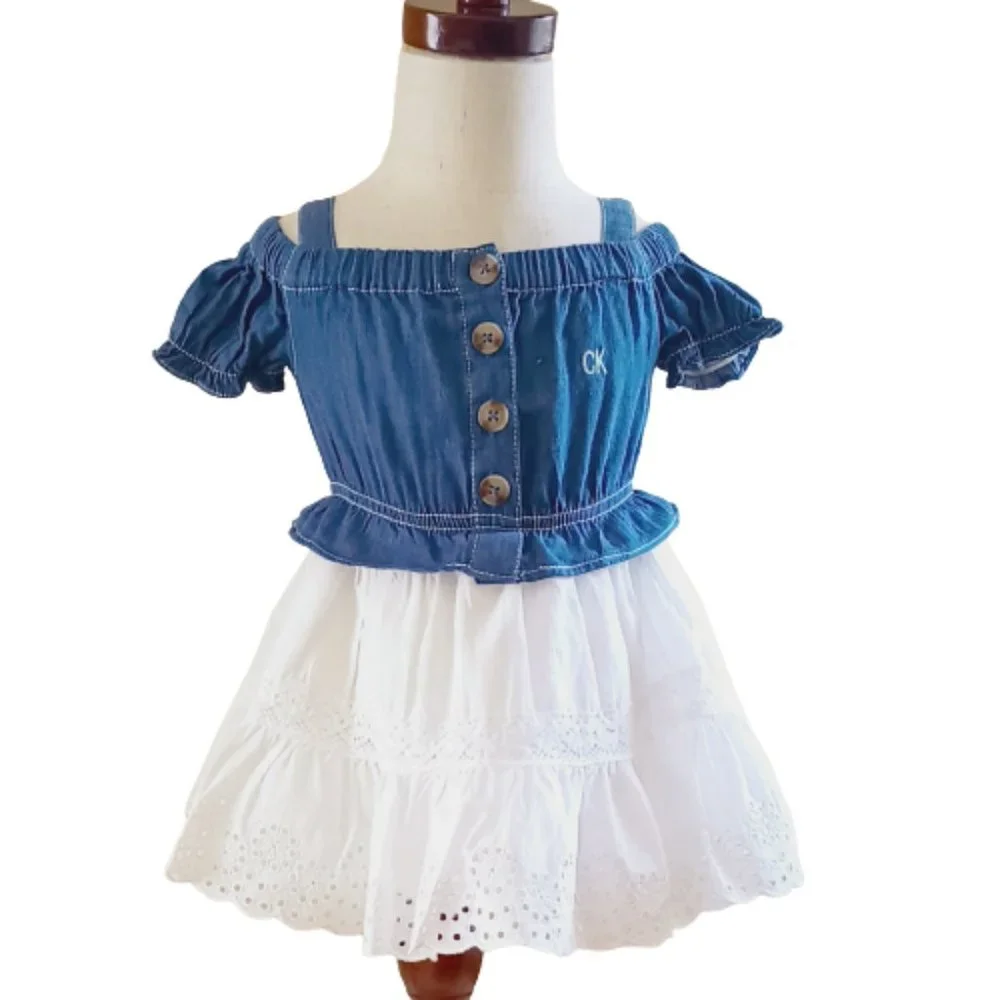 Calvin Klein Denim & Eyelet Peplum Dress 12M White Off Shoulder Peasant